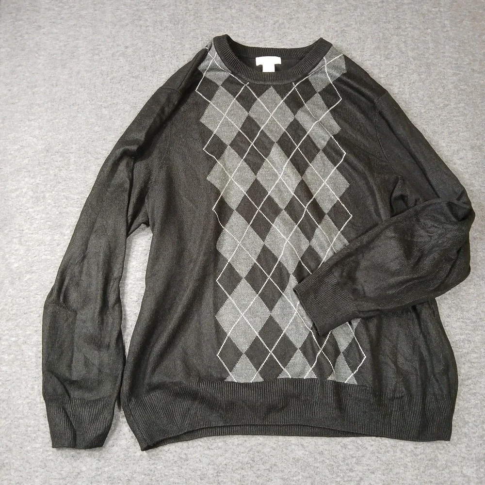 Dockers Mens Argyle Crewneck Sweater Black Grey Acrylic Pullover XL 736401547324